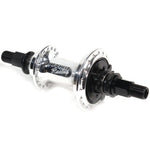 A metallic bicycle hub with black axles and flanges, marked "Profile Racing" on the body, exemplifies premium Profile Elite Rear Cassette Hub designed for competitive BMX Racing.