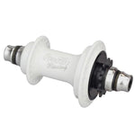 A white Profile Elite Rear Cassette Hub with a black sprocket, designed for BMX Racing.