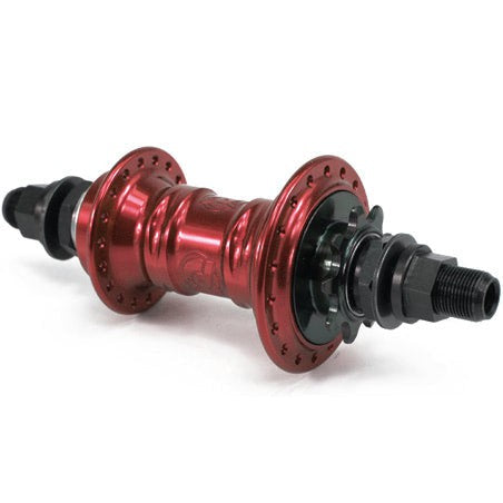 The Profile Mini Rear Cassette Hub is a perfect choice for BMX enthusiasts, featuring a red low-flange design with multiple spoke holes and a sleek black axle.