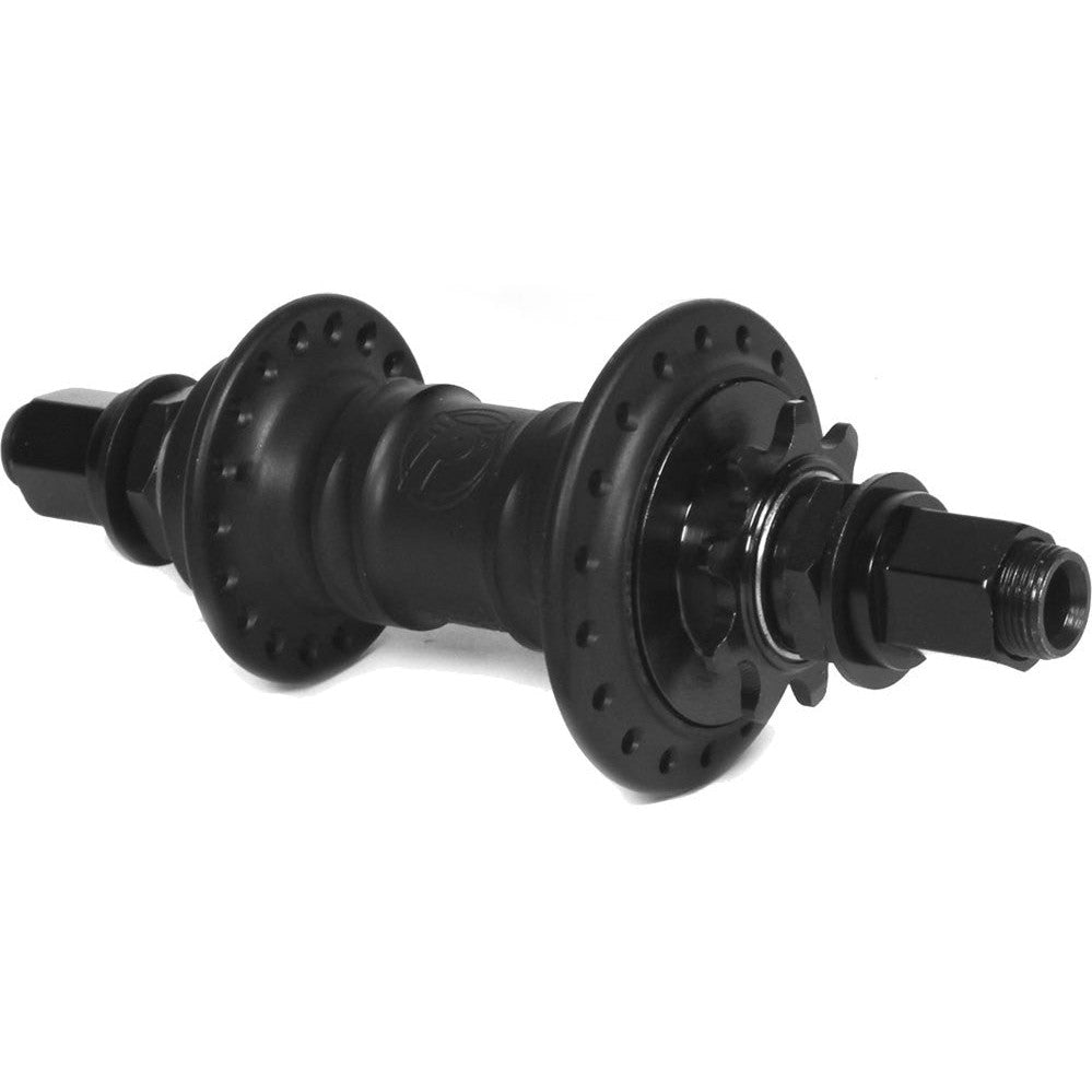 The Profile Mini Rear Cassette Hub boasts a low-flange design and comes in a sleek black finish with multiple spoke holes and threaded ends for easy axle attachment, making it ideal for BMX enthusiasts who value durability and style.