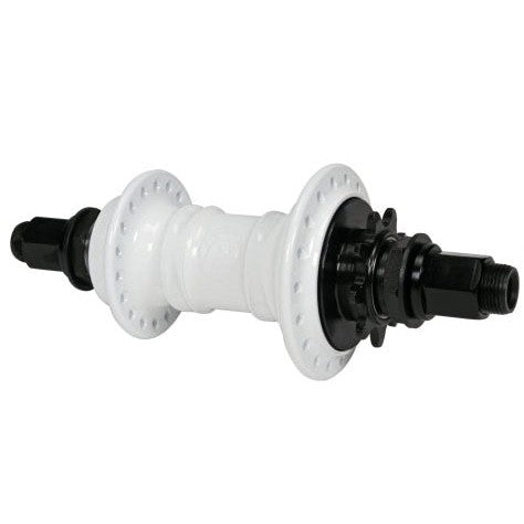 White Profile Mini Rear Cassette Hub with a black axle and components, showcasing its distinct low-flange design, viewed from the side.