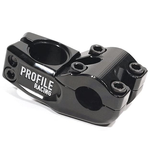 Black metal Profile Push Stem (22.2mm Clamp) with “Profile Racing” logo, featuring a four-bolt front clamp and two Chromoly side bolts for secure handlebar attachment.