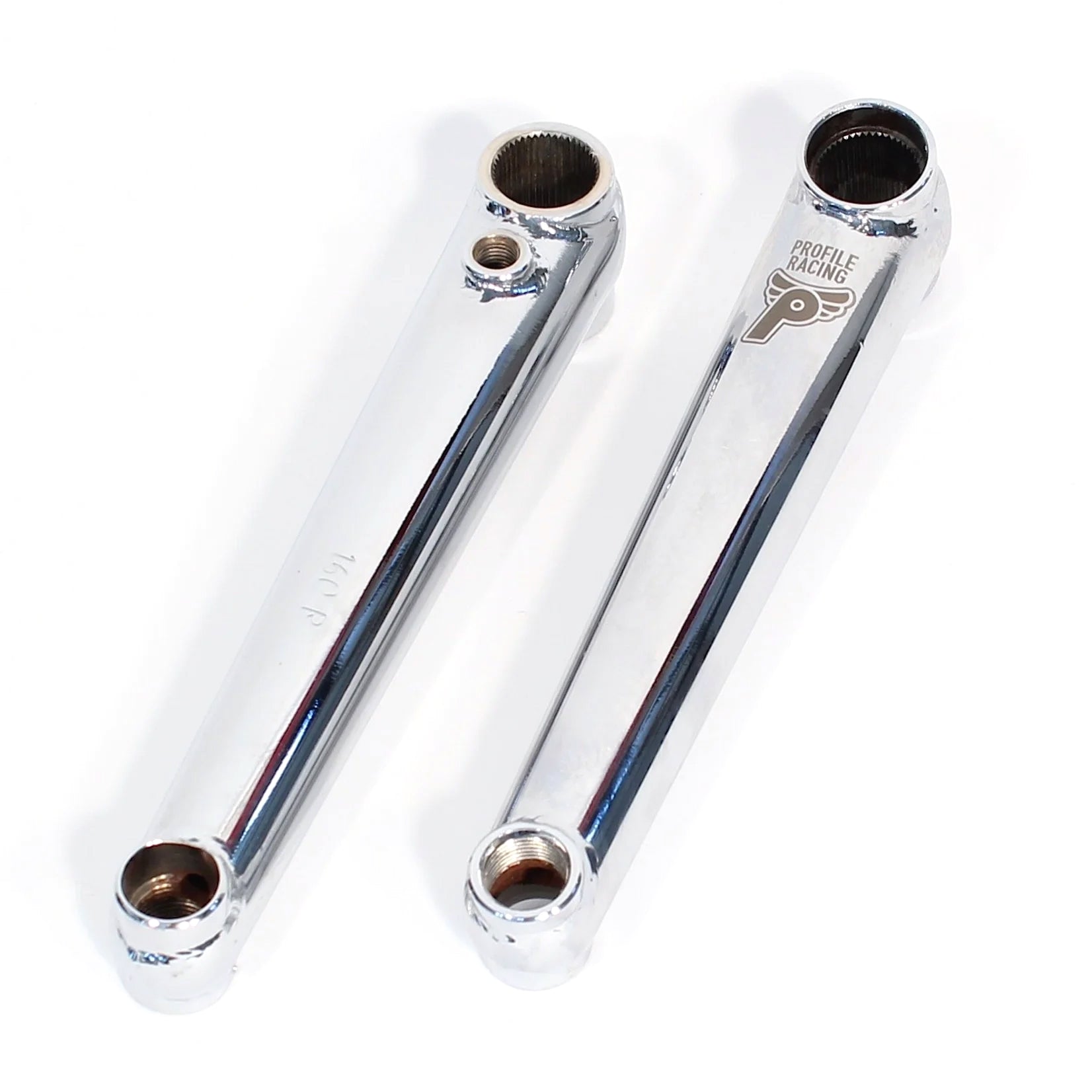 Two chrome-finished Profile Race Cranks, one labeled with metric sizes and the other with imperial sizes, featuring a 19mm 48 spline spindle detail, isolated on a white background.