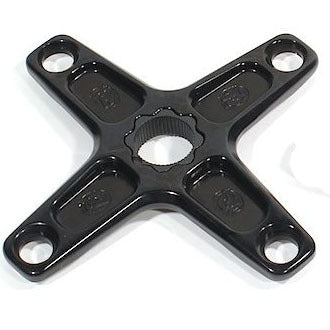 The Profile Spider Spline Drive BMX 4 Bolt is a black four-arm boat propeller hub with circular holes at each end and a splined center for attachment to a propeller shaft, ideal for use with 48 splined 19mm spindles.