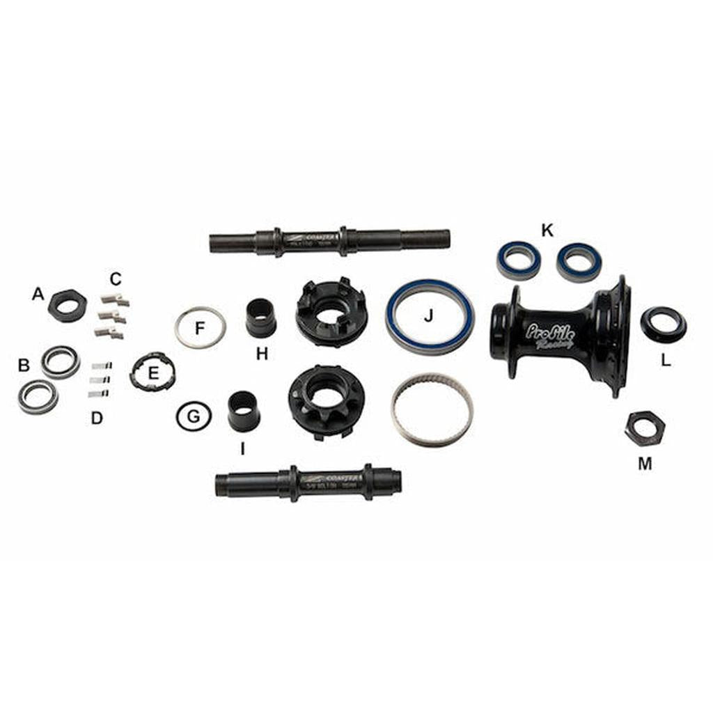 Assorted bicycle hub parts, including axles, spacers, and bearings, are displayed on a white background. The labeled components feature the Profile Z-Coaster Hub Slack Cam Ring, vital to its innovative freecoaster mechanism.
