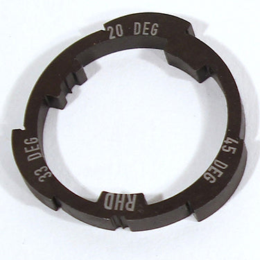 A circular tool with engraved markings "20 DEG," "33 DEG," "45 DEG," and "RHD" on its surface resembles the precision of a Profile Z-Coaster Hub Slack Cam Ring.