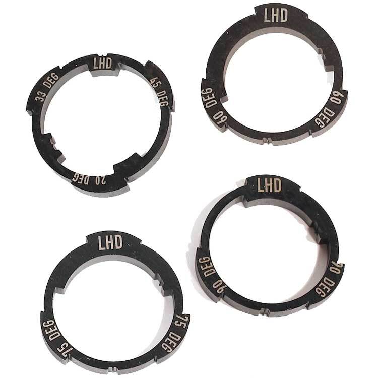 Four black circular metal pieces labeled "LHD," showcasing angles 33, 45, 20, 90, 15, and 60 degrees. They feature innovative Z Coaster™ technology with the precise functionality of Profile Z-Coaster Hub Slack Cam Ring's Freecoaster mechanism.