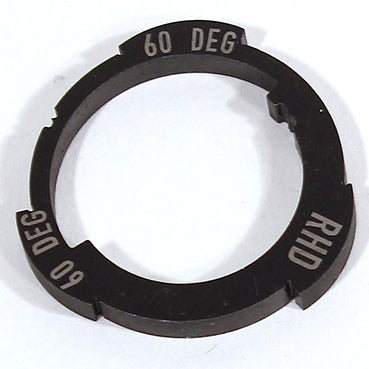 Black circular metal ring with "60 DEG" and "RHD" engravings, featuring a Slack Cam Ring in the Profile Z-Coaster Hub design.