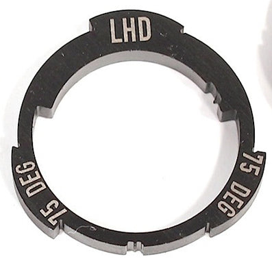 Circular metal shim marked "LHD" and "75 DEG" on both sides, featuring four edge notches, crafted for seamless integration with the Profile Z-Coaster Hub Slack Cam Ring in the freecoaster mechanism.