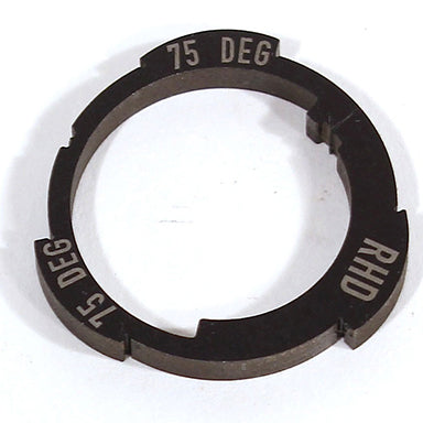 A metal ring inscribed "75 DEG" and "RHD," resembling a Profile Z-Coaster Hub Slack Cam Ring, features evenly spaced notches around the edge and is set against a white background.