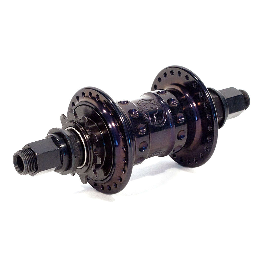 An image of a bicycle wheel with a black hub featuring a Profile High Flange Cassette Hub (48H).