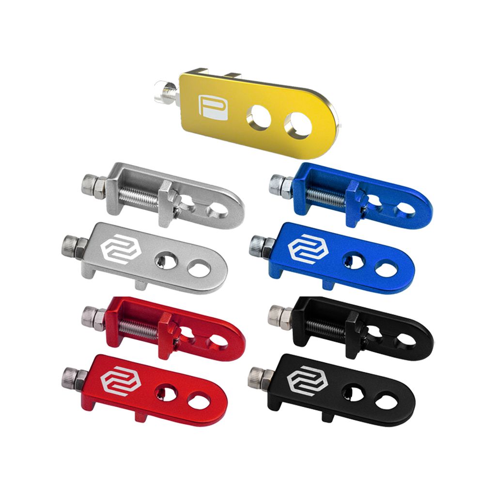A set of Promax C-1 Chain Tensioners, including different colored bolts and clamps to prevent axle slipping.