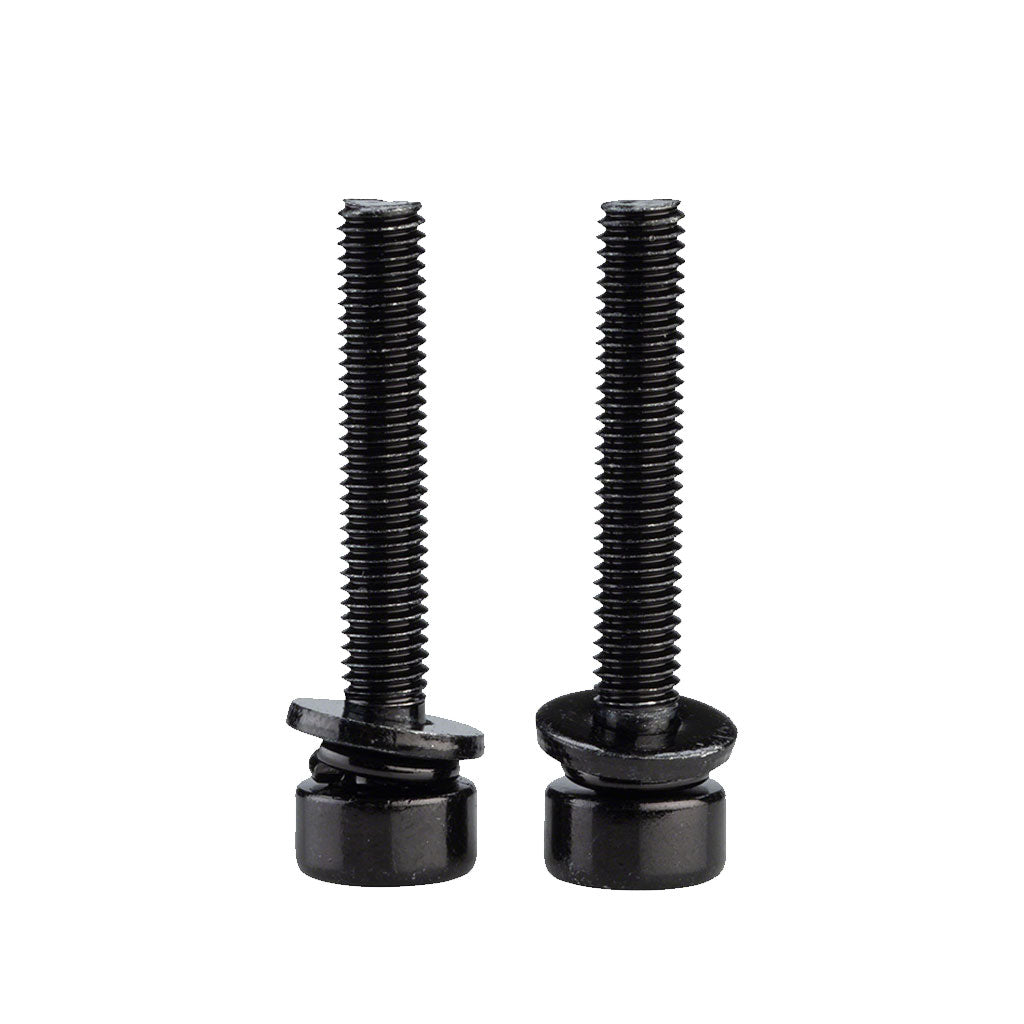 Two PROMAX M5 Disc Brake Caliper Mounting Bolts, complete with flat washers, stand upright against a white background.