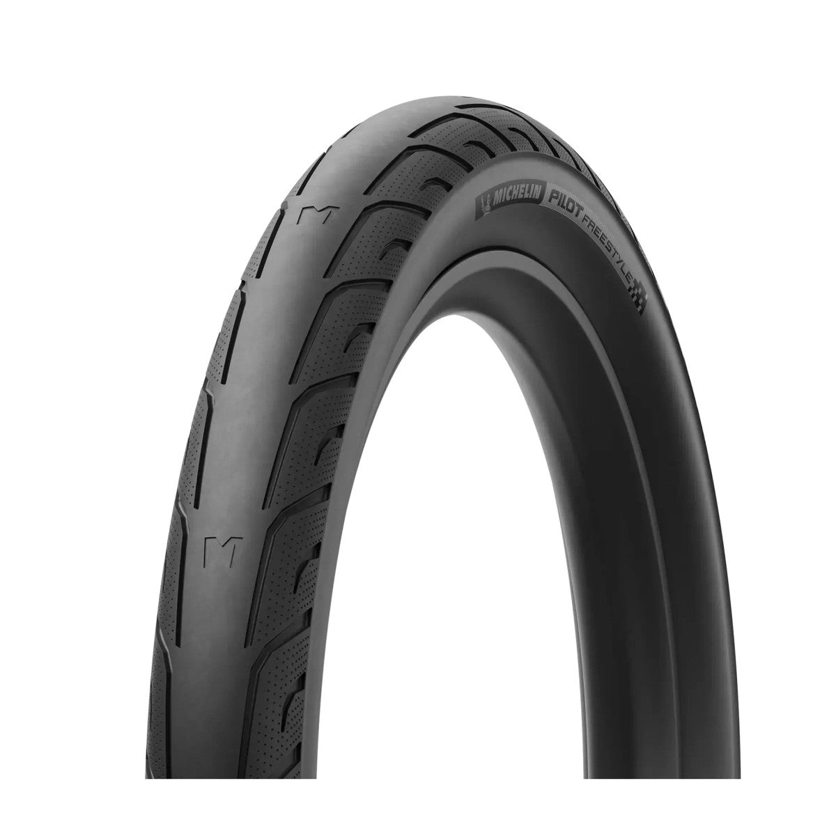 A black Michelin Pilot Freestyle 20 Inch Tyre with wire bead, displayed at an angle to highlight its tread pattern and sidewall branding.