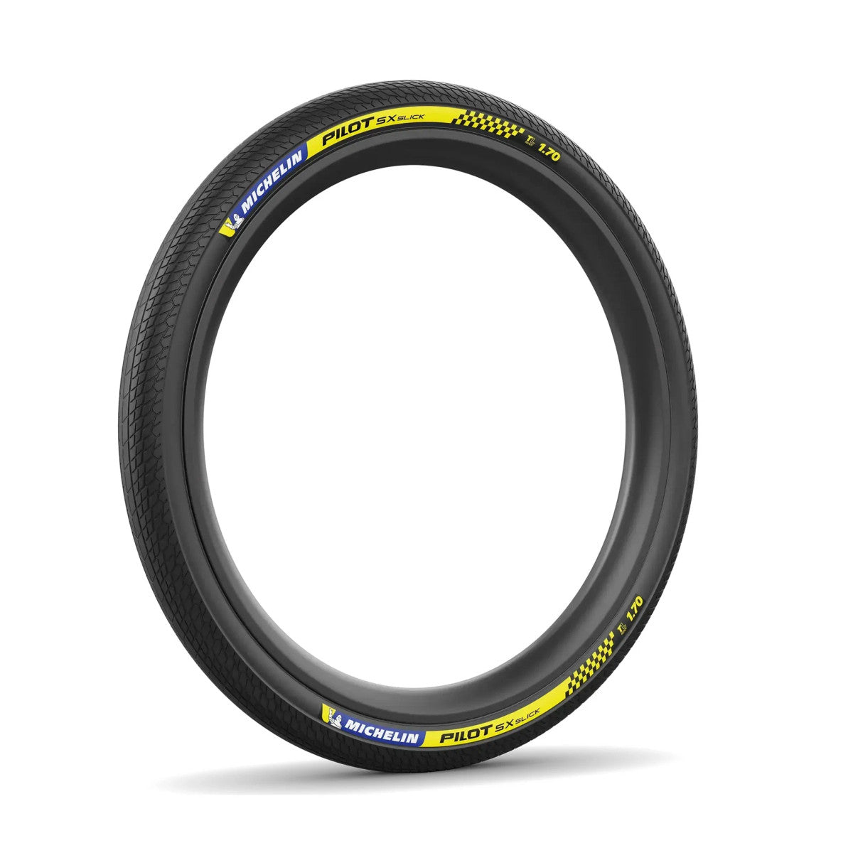 The Michelin Pilot SX Slick Racing Folding TL Tyre has a black tread and sidewall, with yellow and blue branding plus checkered side detailing.