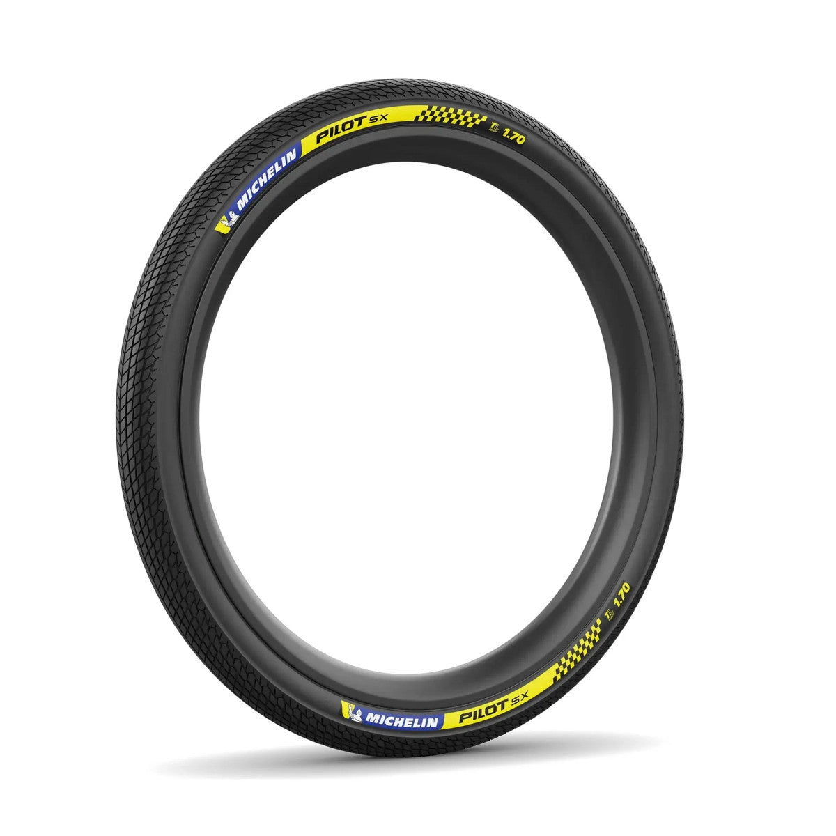 A Michelin Pilot SX Racing Folding TLR Tyre with black tread, yellow and blue branding, and a checkered sidewall pattern is displayed against a white background.