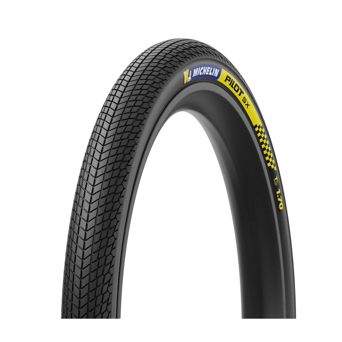 A Michelin Pilot SX Racing Folding TLR Tyre with a textured tread and yellow sidewall branding is shown against a white background.