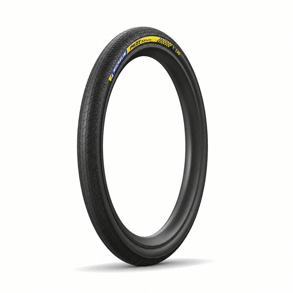 A single black Michelin Pilot SX Slick Racing Folding TL Tyre, size 20″, is shown standing upright against a plain white background.