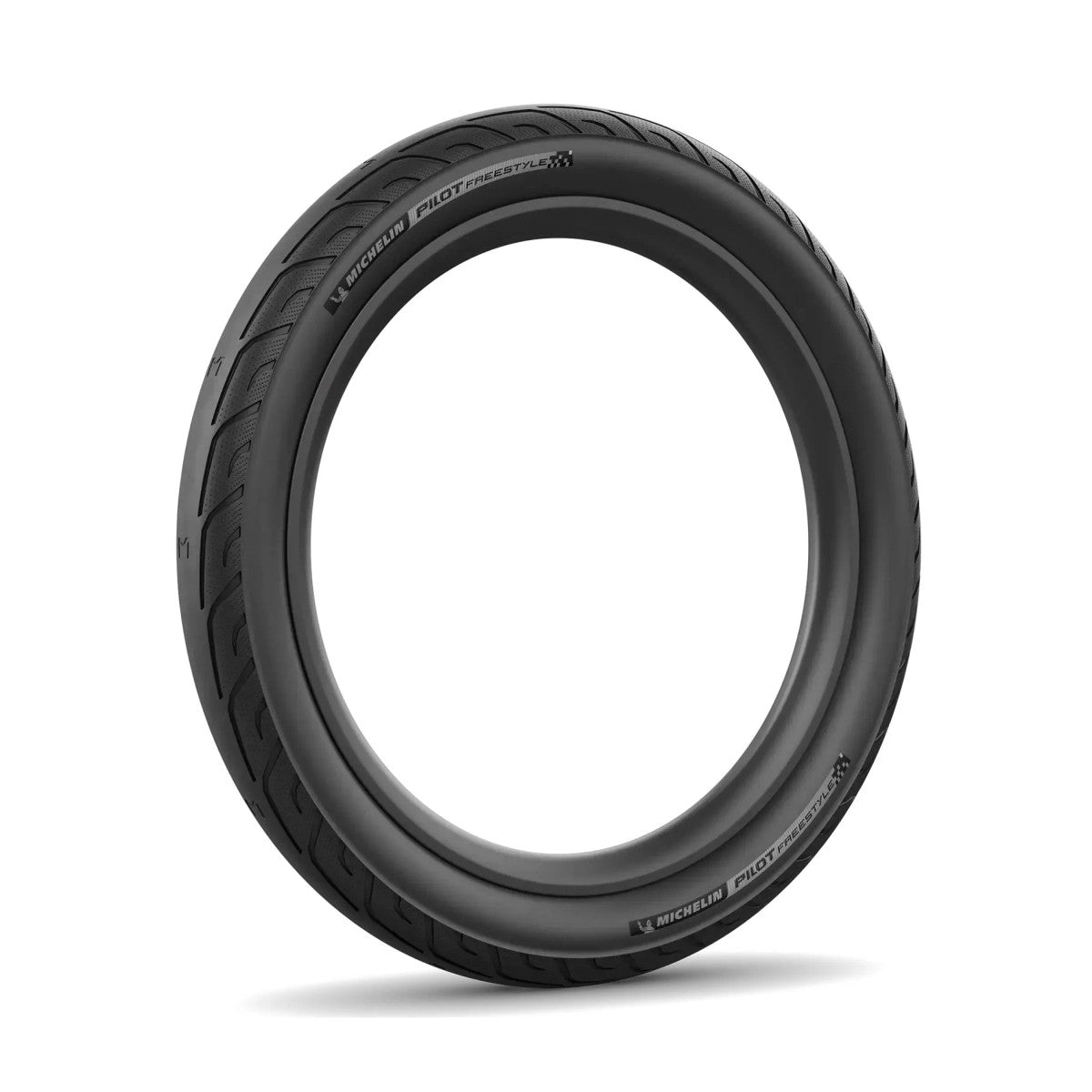 A single black Michelin Pilot Freestyle 20 Inch Tyre with wire bead stands upright on a white background, showcasing its tread pattern and Michelin branding on the sidewall.