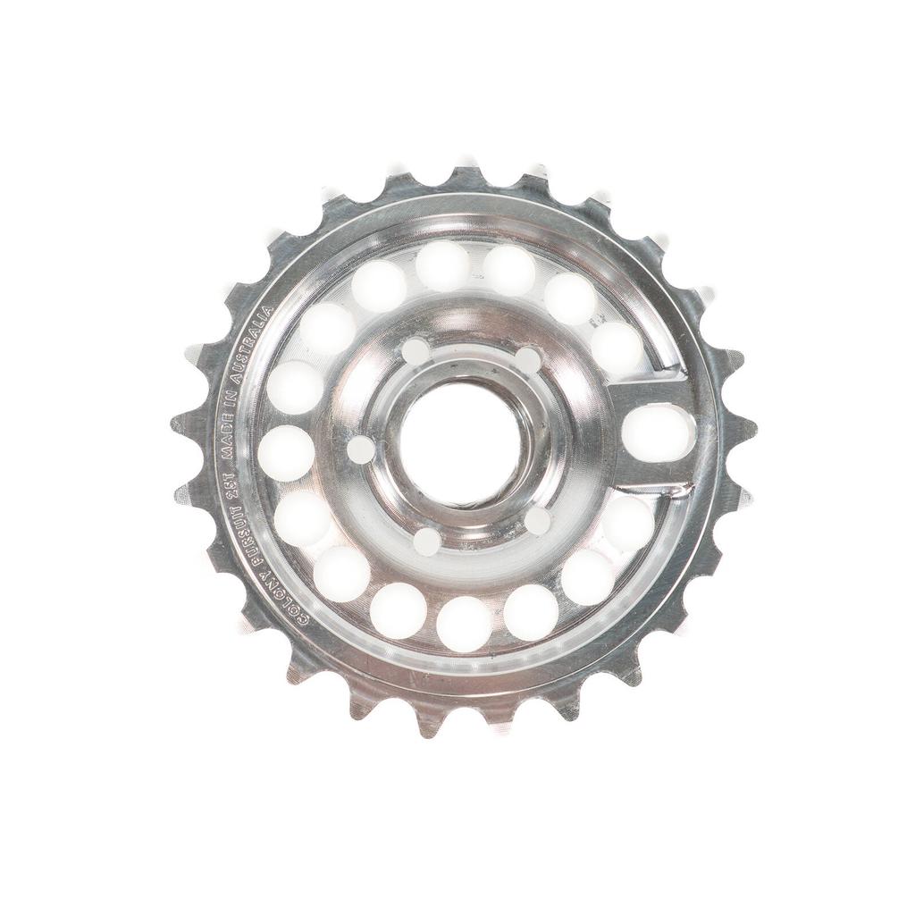 A close-up of the Colony Pursuit Sprocket, a metallic circular BMX sprocket with evenly spaced teeth and holes, viewed from above on a white background.