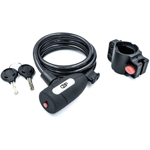 The QBP Key Lock (8mm x 150cm) is a coiled black bike lock with a dust protector, including two keys and a mounting bracket, showcased on a white background.