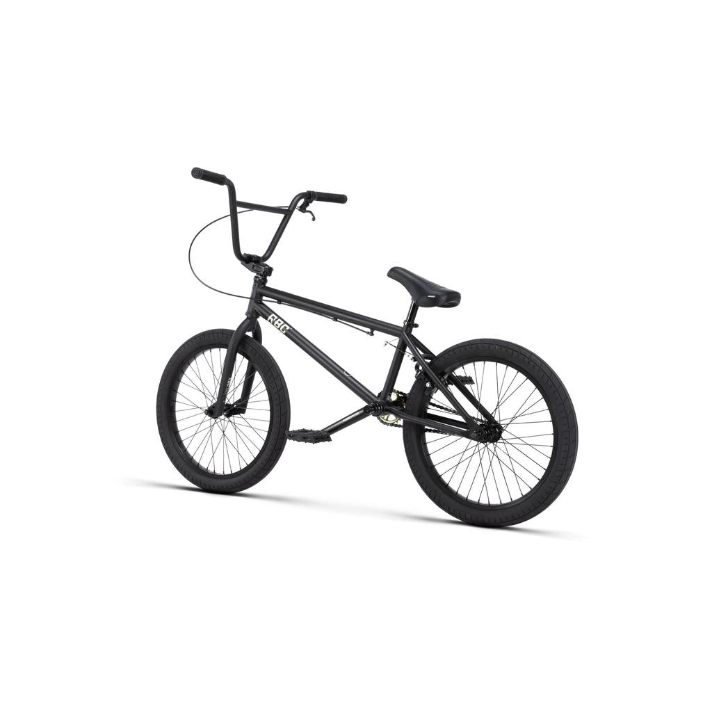The Radio Evol XL 20 Inch Bike is a black entry-level BMX with a compact frame, crmo toptube, straight handlebars, thick tires, and a sealed integrated headset, displayed against a white background.