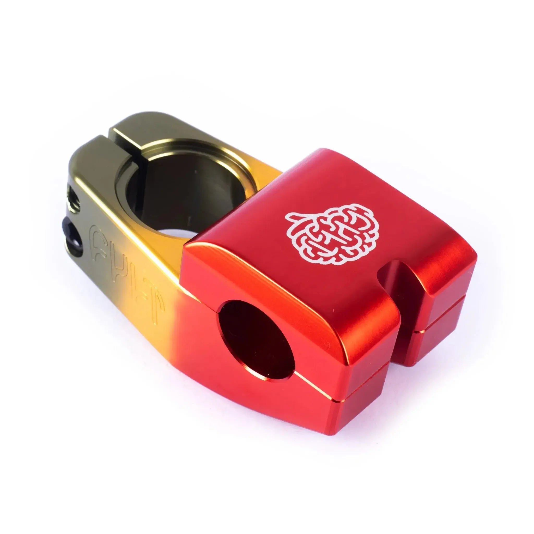 The Cult Max Vu Top Load Stem features a metallic gold and red gradient finish with a bold white brain graphic on top, shown against a white background.