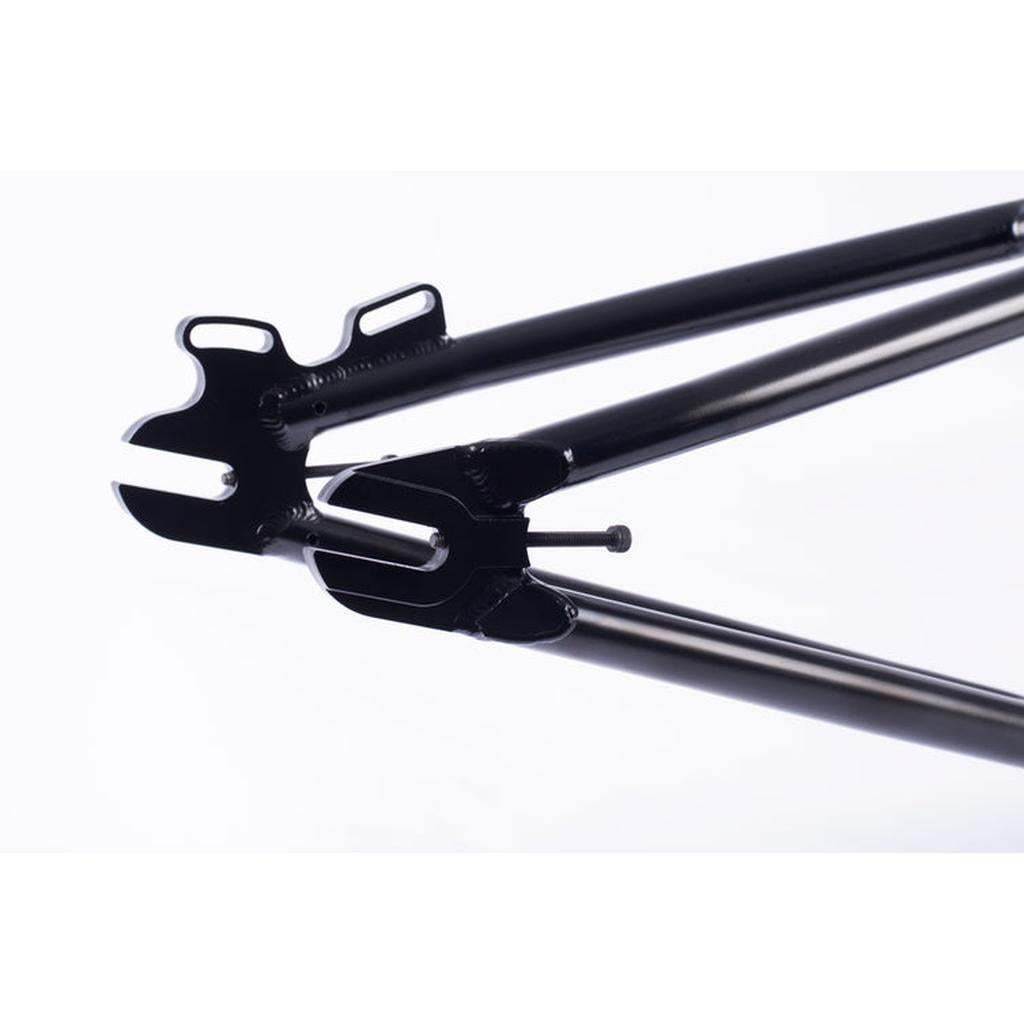 Close-up of the rear dropouts and seat stays of a black Cult Race Disc Frame / Pro XL, highlighting the chromoly BMX frame's details against a white background.