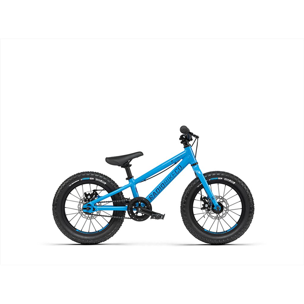 A blue Radio 16 Inch Zuma Bike, featuring thick black tires, black handlebars, and a black seat, displayed on a white background.
