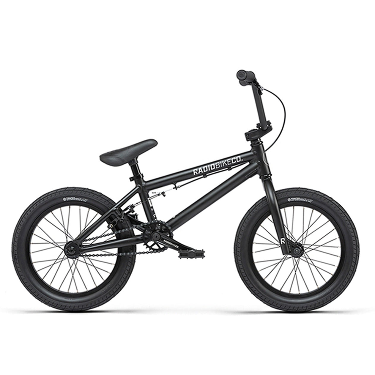 A black Radio Dice 16 Inch Bike with thick Salt Traction Tyres and a compact frame made of 6061 Alloy. The brand name "Radio Bike Co." is prominently displayed on the frame.