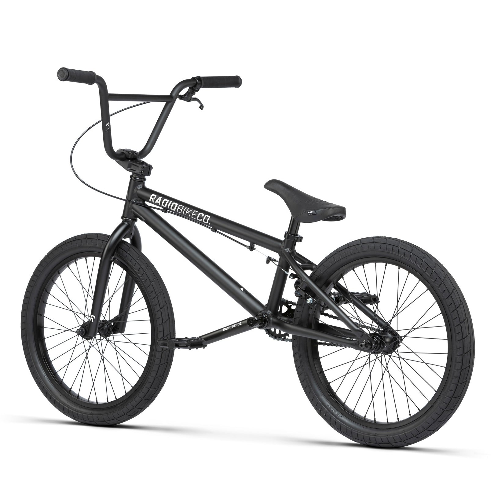 A Radio Dice 20 Inch Bike with a "RAD BIKE CO." logo on the 6061 alloy frame, featuring knobby Salt Tracer tyres, a raised handlebar, and a padded seat.