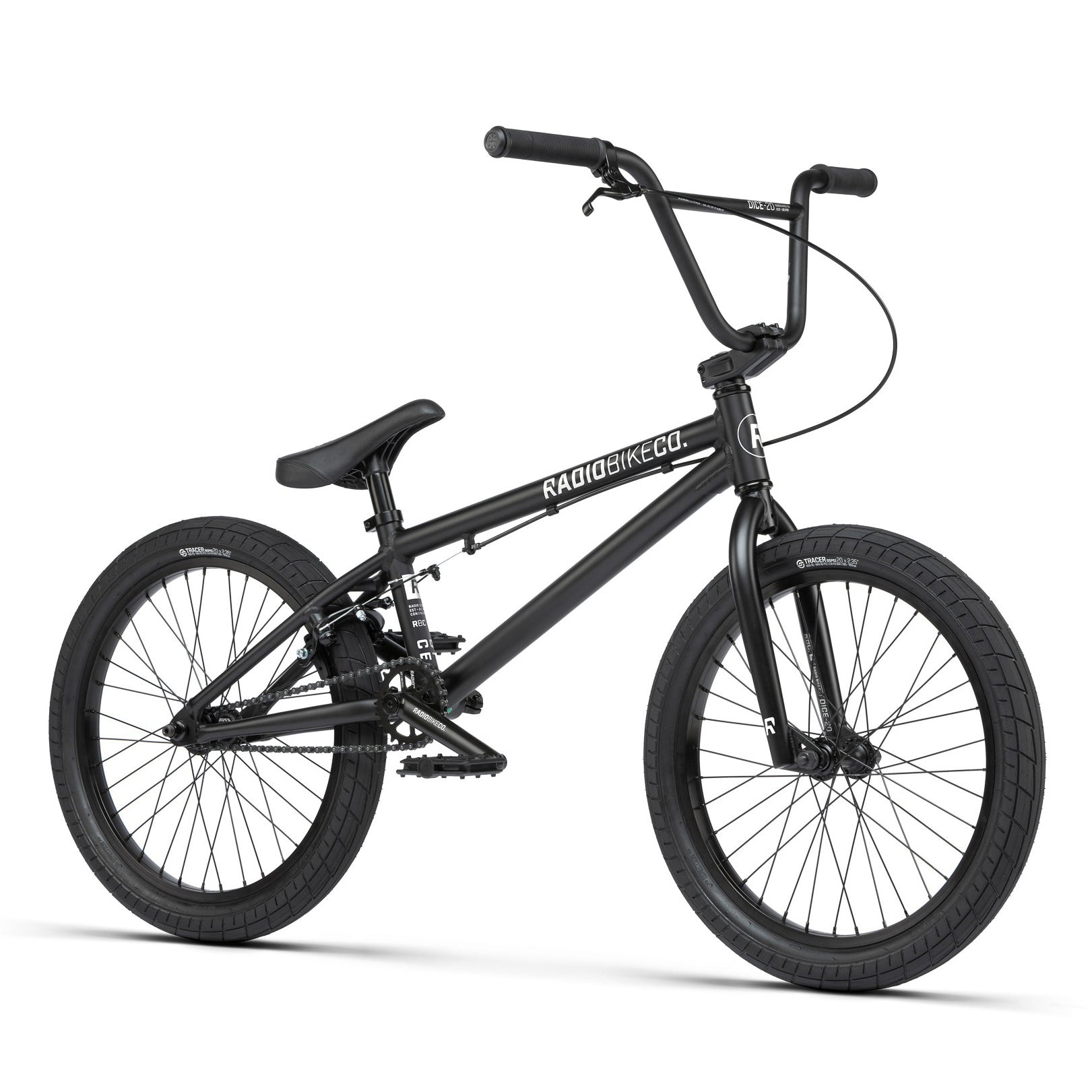 A black Radio Dice 20 Inch Bike with Salt Tracer Tyres, front and rear pegs, and "RADIO BIKE CO." written on the 6061 Alloy frame.