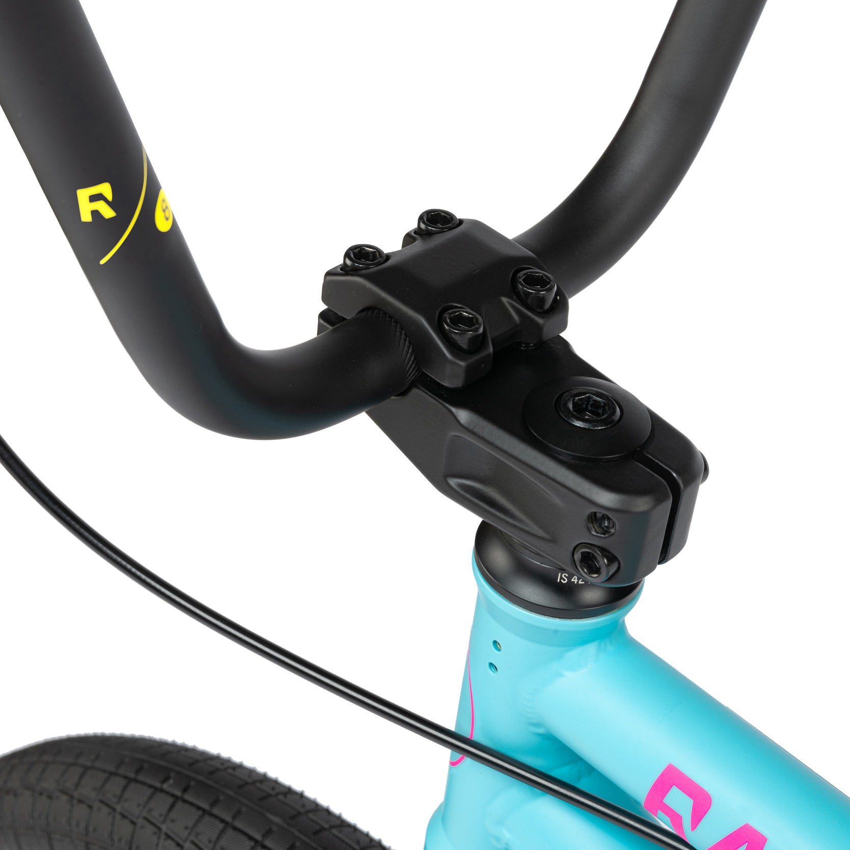 Close-up of the handlebar and stem of a Radio Evol 20 Inch Bike, attached to its blue frame. The image highlights the high-quality components, such as the bolts securing the stem to the handlebar and the black cables running along it. Perfect for beginner riders, this setup exemplifies durability and precision.