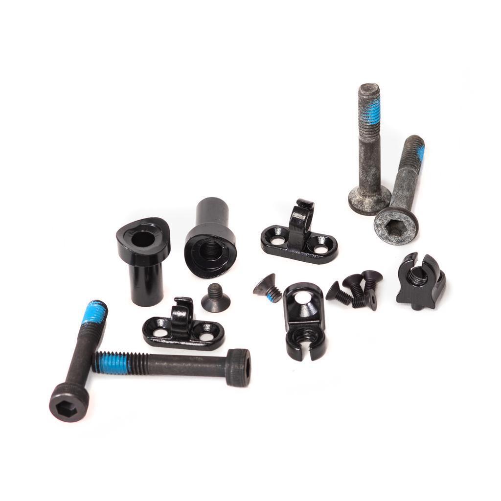 The Radio Pivot 3 Brake Mount Kit (M6) includes black metal bolts, screws, Pivot–3 system fittings, and Radio M6 Brake Mounts with some visible blue threadlocker, all arranged on a white background.