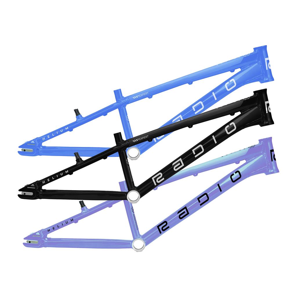 Three Radio Raceline Helium 2025 Expert bicycle frames, made from hydroformed 6061 alloy tubing in black and blue, overlap diagonally against a white background. Each lightweight race frame is labeled "RADIO" and "HELIUM.