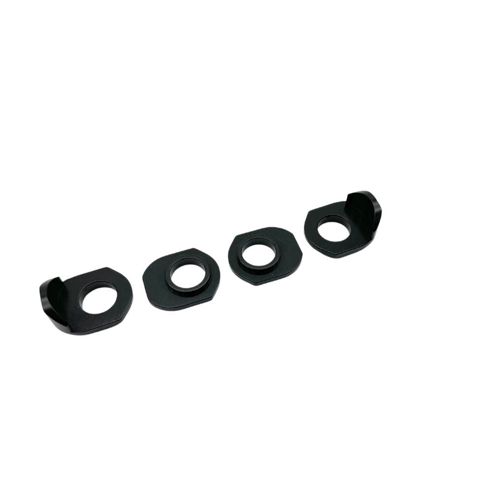 Five black metal brackets and two sets of bolts and nuts, resembling components from a Radio Raceline Helium Pro or Quartz Dropout Plate, are arranged in a row on a pristine white background.