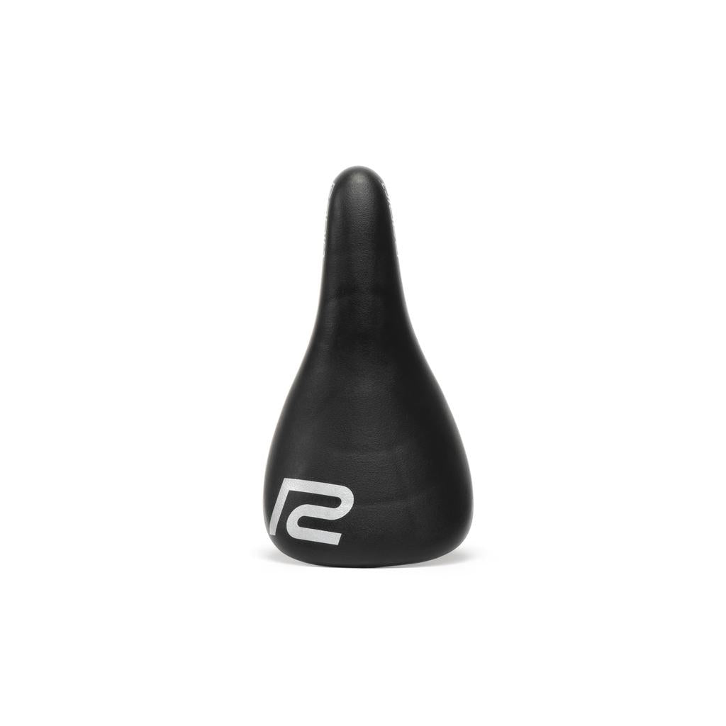 The Radio Raceline Seat & Post Combo features a durable design with a black rubber-coated surface and a practical build for efficiency, complete with a flat bottom, vertical ridged grip, and distinctive white "R2" logo for secure handling during workouts.