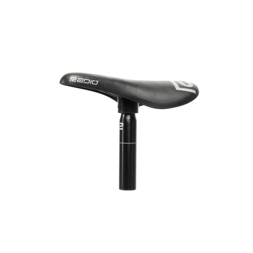 The Radio Raceline Seat & Post Combo is a sleek black bicycle saddle, lightweight and seamlessly integrated with the seat post, beautifully complementing Pro frames.