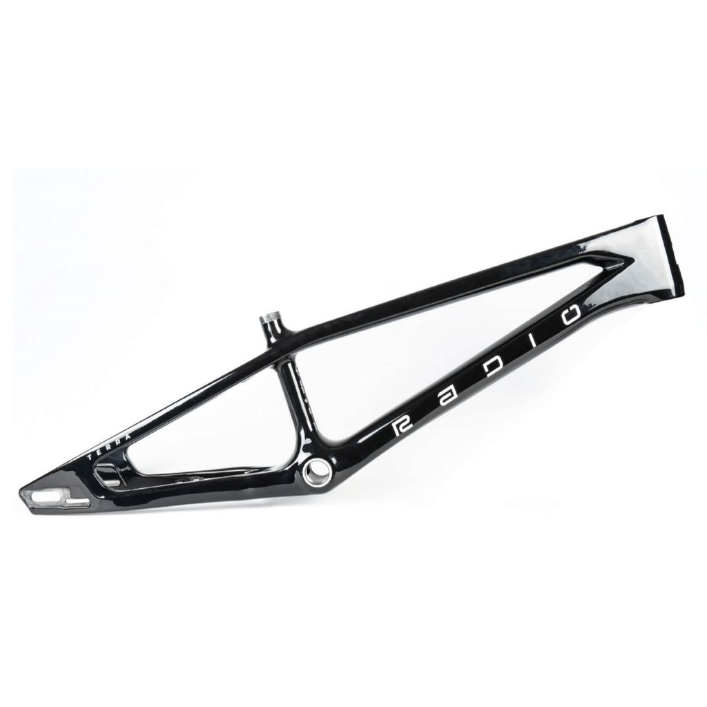 A black Radio Raceline Terra Carbon Pro XXL Frame, made from TORAYCA carbon fibre and featuring white branding, is displayed on a white background.