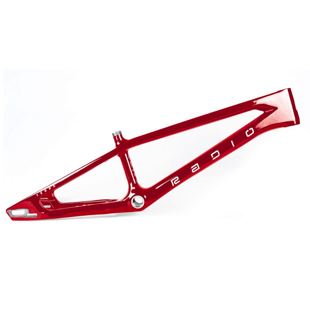 The Radio Raceline Terra Carbon Pro XXL Frame features an angular design, "RADIO" branding on the side, advanced construction, and disc brake compatibility, displayed against a white background.