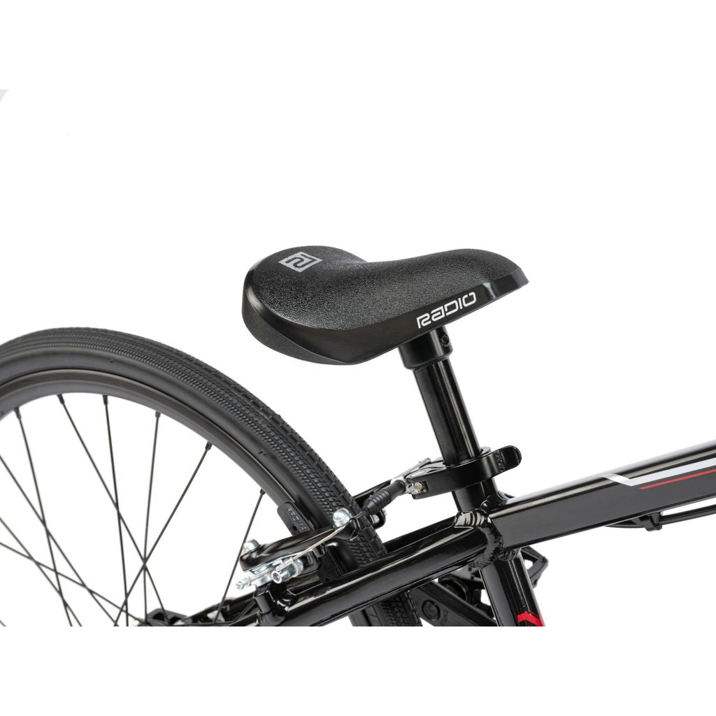 A black Radio Xenon Junior Bike race bike seat.