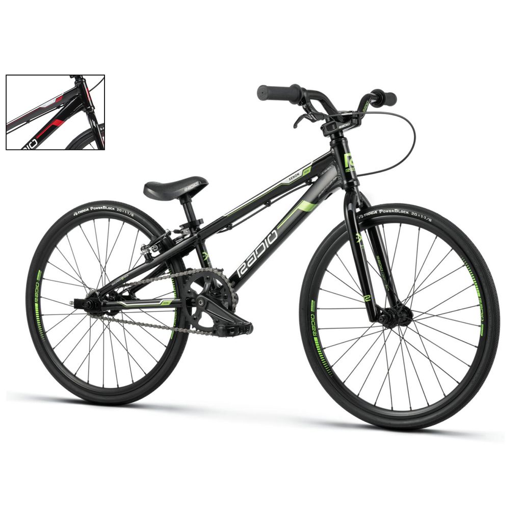 A black Radio Xenon Mini Bike with green accents, a lightweight frame made from hydro-formed 6061-T6 alloy, and thin tires. The image also shows a close-up of the frame.