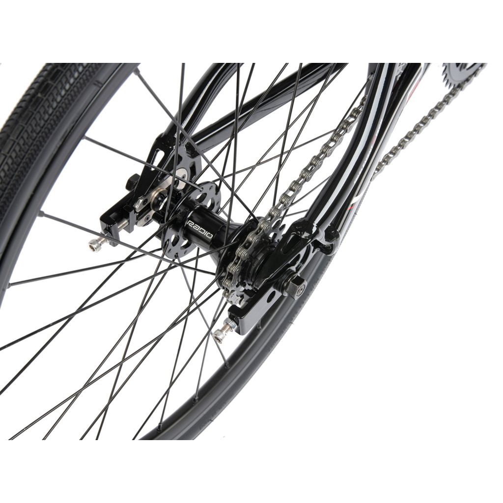 A close up view of a Radio Xenon Mini Bike with a chain and disc brake.