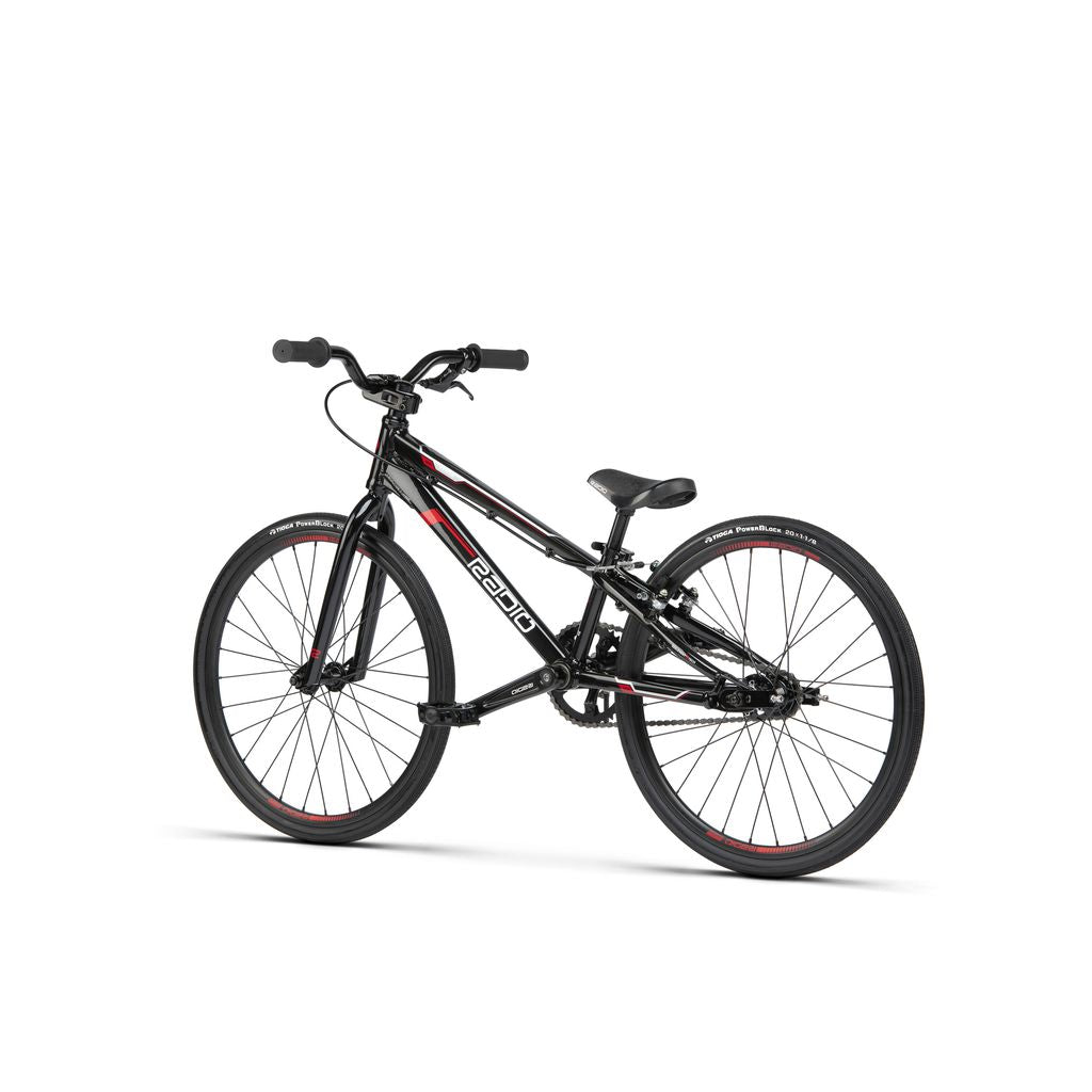 A black and red Radio Xenon Mini Bike race bike on a white background.