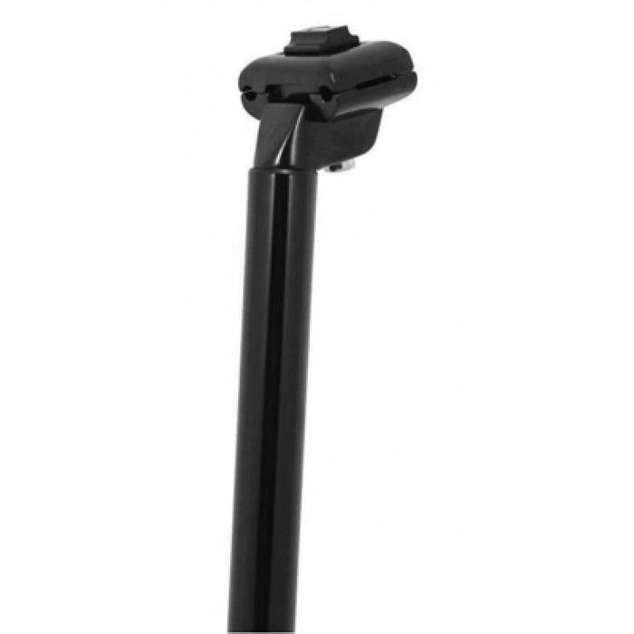 A Railed Seat Post 27.2 x 400mm is a black bicycle seat post featuring a clamp at the top, designed for attaching a railed seat mount, and offers a generous 400mm length.