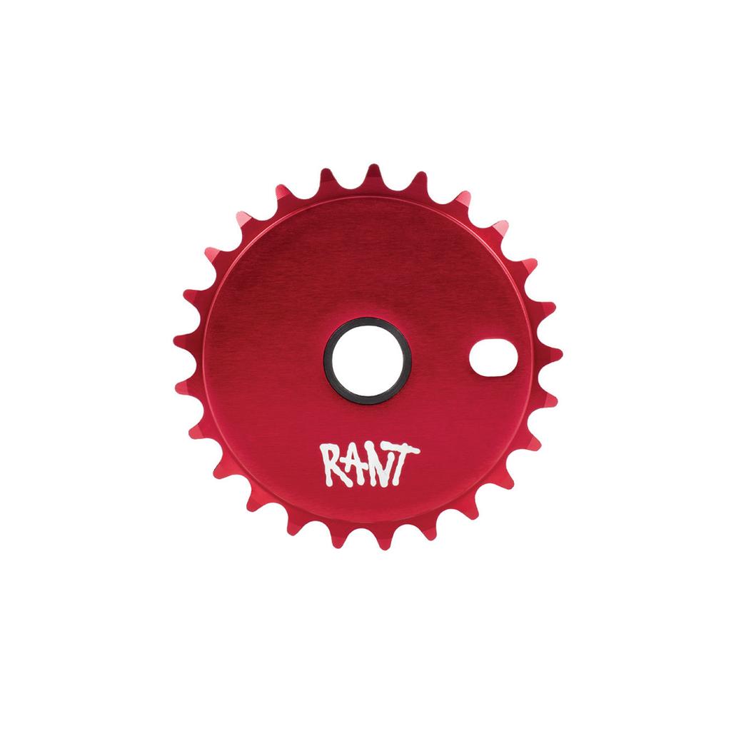 The Rant Stick Em Sprocket is red, features teeth along the edge, and has two center holes.