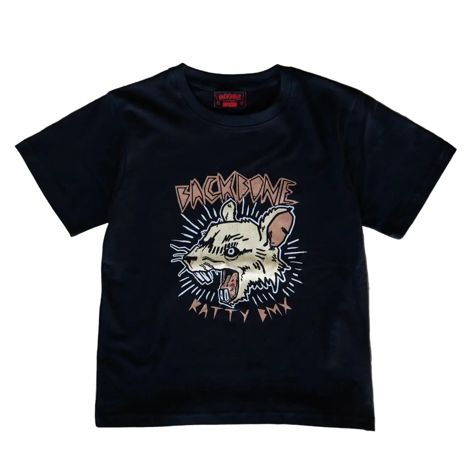 The Backbone Ratty BMX Kids T-Shirt features a snarling rat graphic with "BACKBONE" above and "KATTY BMX" below, shown here laid flat on a gray surface.