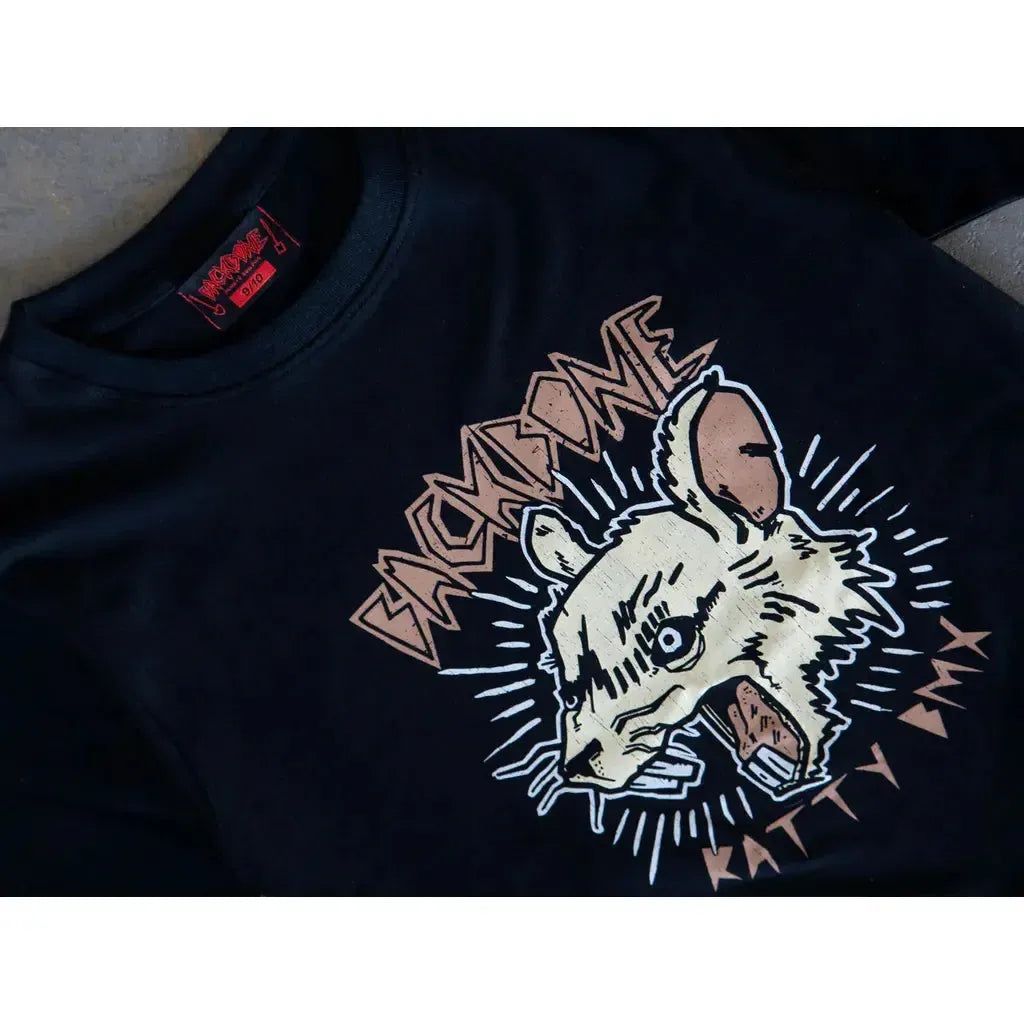 The Backbone Ratty BMX Kids T-Shirt features a stylized rat biting a bone with “BACKBONE” and “RATTY BMX” text—a must-have tee for young BMX fans.