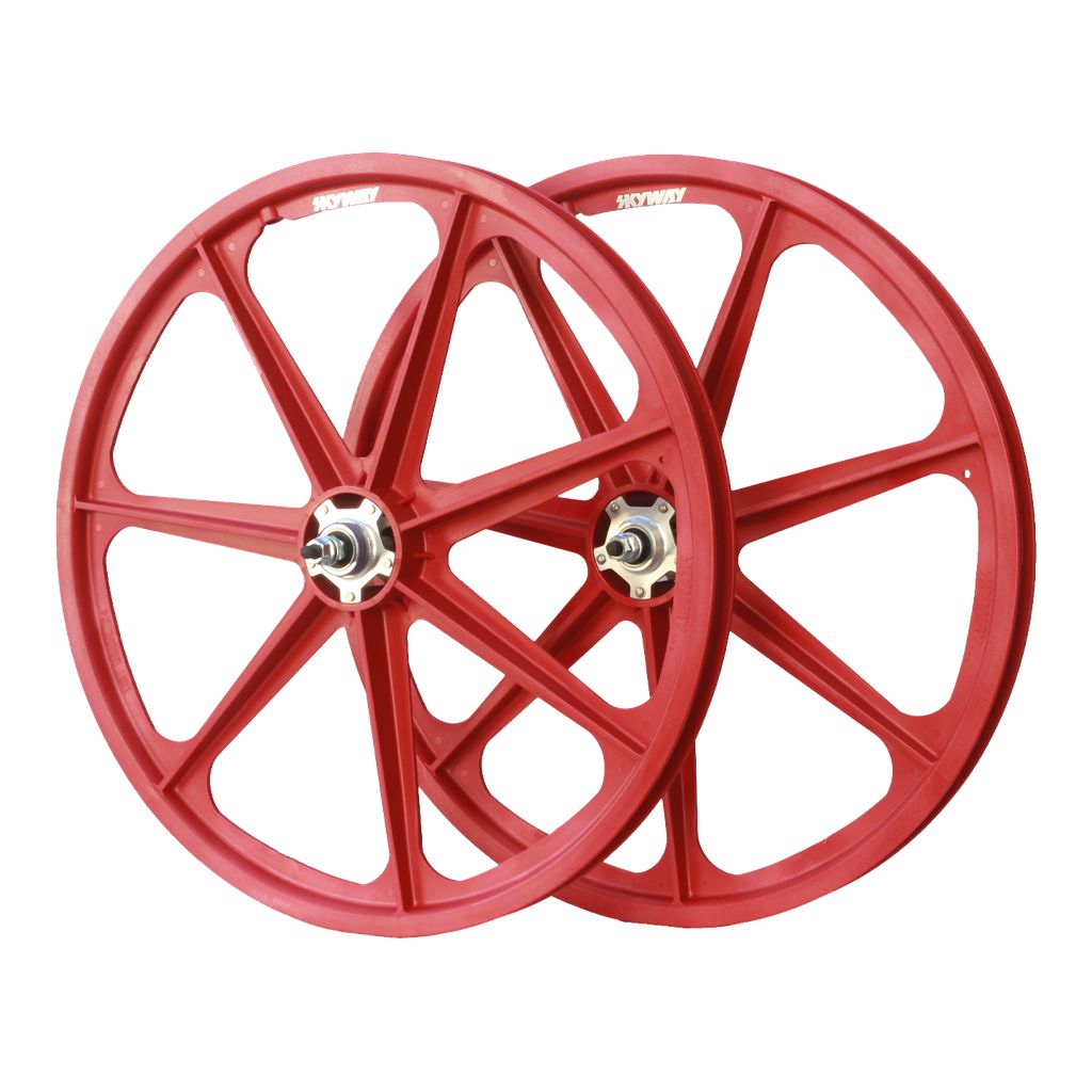 A pair of red Skyway Tuff II Rivet 24 Inch Wheelset on a white background.