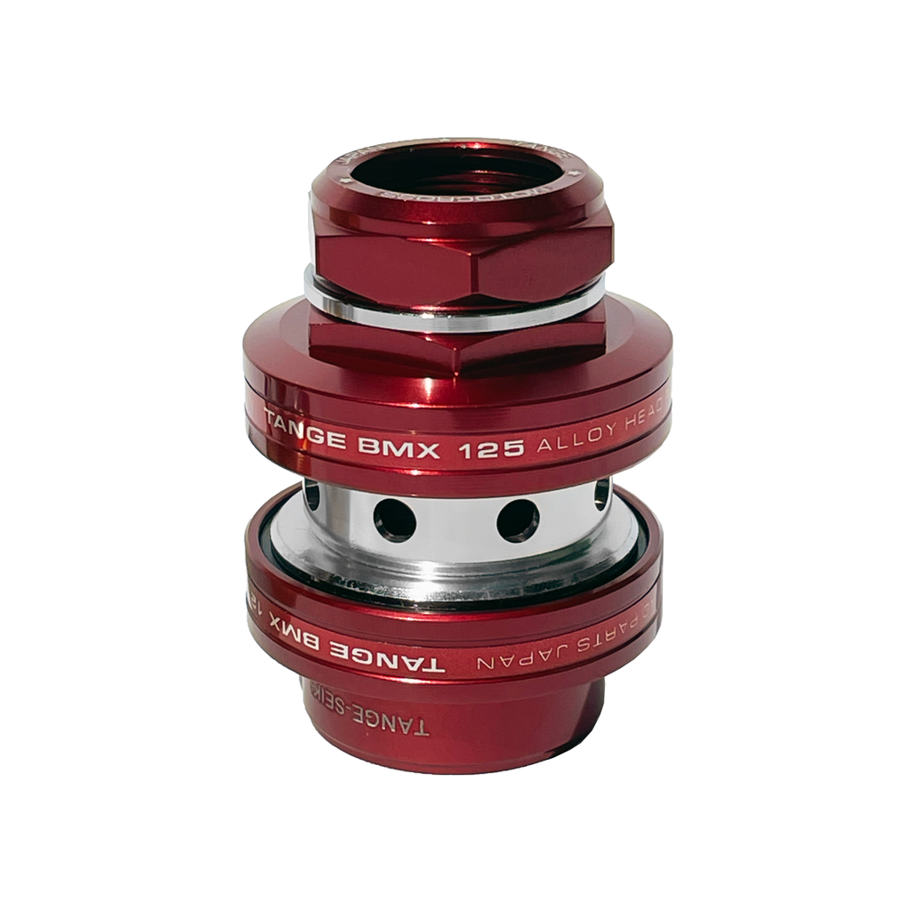 Tange MX-125 Anodised Threaded Headset in red with silver accents, labeled “Tange BMX” and “Japan,” features an anodised finish and is designed in the old school size for bicycle steering systems.
